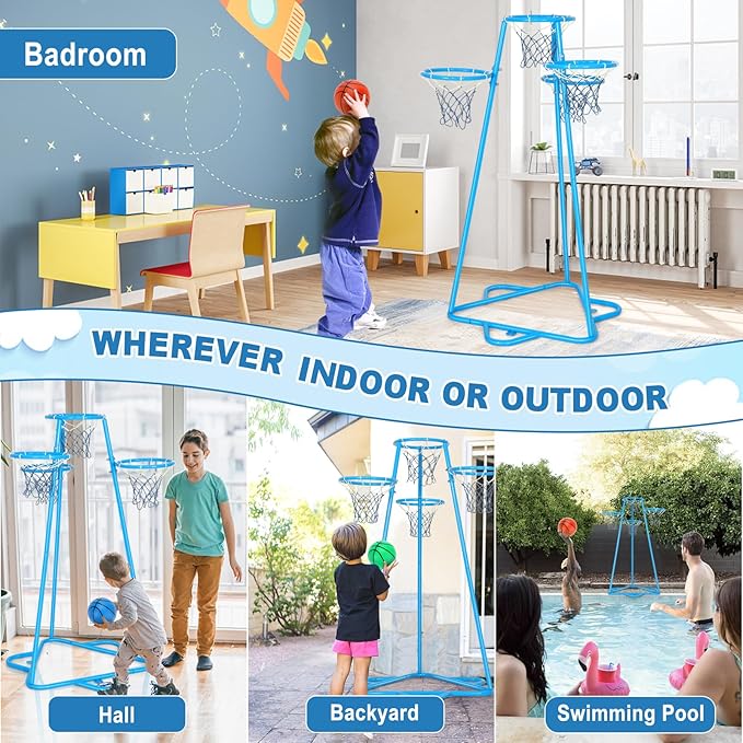 Kids Basketball Hoop Portable Basketball Stand Toys Basketball Indoor Outdoor, Portable Basketball with 4 Hoops at Varying Heights and 3 Balls Toy Set for Age 3 Years and Up(Pale Blue)
