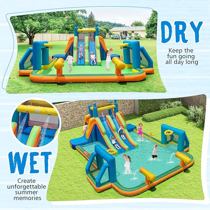 BOUNTECH Inflatable Water Slide, 19x17FT Mega Waterslide Park Dual Long Slides for Racing Fun w/Dual Climbing Wall, Large Splash Pool, Water Slides Inflatables for Big Kids and Adults Outdoor Backyard