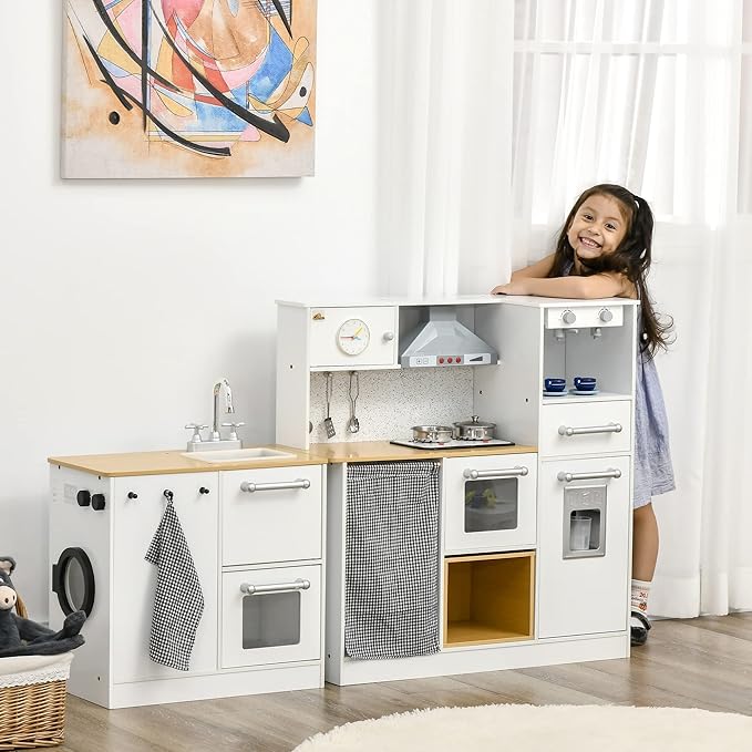 Qaba Kids Wooden Kitchen Playset with Sound Effects and Tons of Countertop Space, Wooden Corner Play Kitchen Set with Washing Machine, Imaginative Toy Pretend Restaurant, Ages 3-6, White