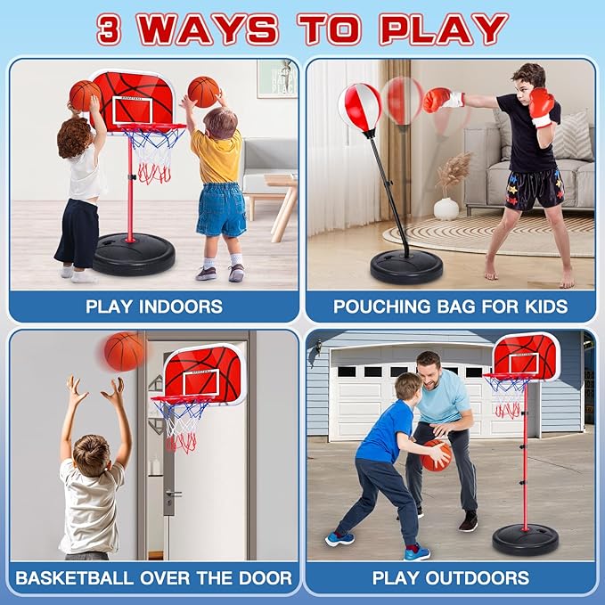 2 in 1 Adjustable Kids Basketball Hoop and Punching Bag with Stand for Kids, Toys Gifts for Boys Age 3 4 5 6 7 8 9 10+, Toddler Basketball Hoop and Boxing Bag Set Toy for Outdoor Indoor Sports Games