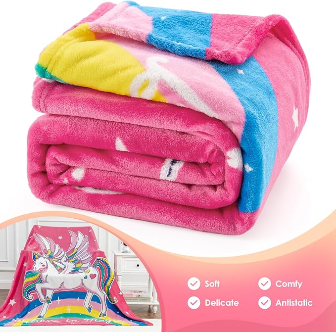 Unicorn Gifts Toys for Kids Girls - Glow in The Dark Blanket Age 1-13 Years Old Birthday Christmas Valentine's Gift Easter Presents Toddler Teen Daughter Grandkids Rainbow Moon Stars Throw 50"x60"