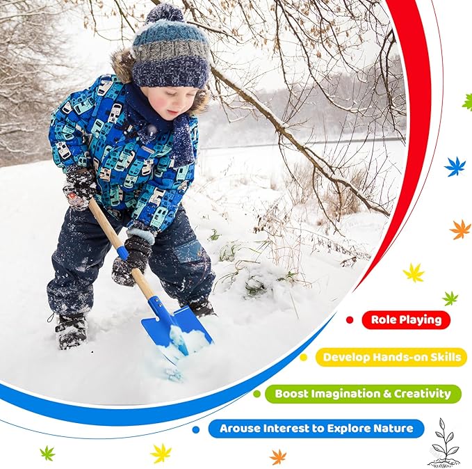 Theefun Kids Garden Tool Set: Safe Toddler Size Hoe, Rake, Shovel, Leaf Rake, Broom 5-Piece Kids Gardening Tools with Wooden Handle and Metal Head for Child Christmas Outdoor Toys Gift for Boys Girls