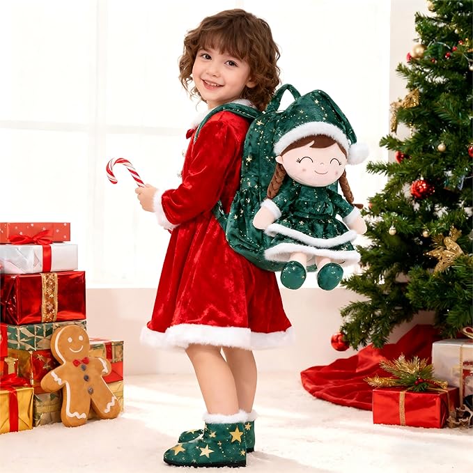 Gloveleya Plush Backpacks Toddler Backpack Removable Doll and Backpack Baby Girl Gifts for 2 to 8 Years Girl Birthday Gifts with Green Doll