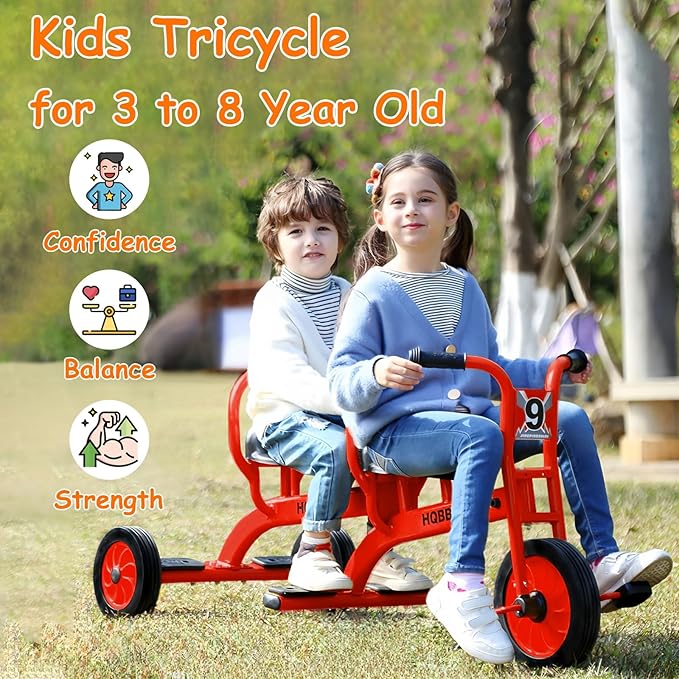 Kids Tricycle for Ages 3-8, Double Kids Trike Bike, Preschool Daycare Outdoor Tandem Bike with Airless Rubber Tires, Two-Seater and Non-Slip Pedals, Gift for Boys and Girls