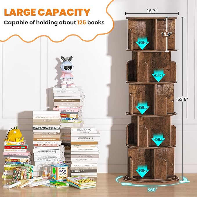 Rotating Bookshelf Tower, 5 Tier Spinning Bookcase, Revolving 360 Book Shelf Narrow Tall Bookcase, Vertical Turning Round Bookshelf Organizer, Corner Book Shelf for Small Space, Rustic Brown