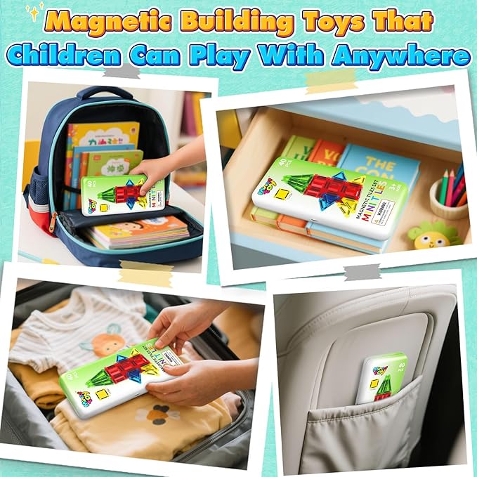 40PCS Mini Magnetic Tiles Toddler Travel Essentials Toys with Case Set, Magnetic Building Blocks Kids Games, Montessori Preschool Education Sensory Toys for 3 4 5 Year Old Boys Girls Birthday Gifts