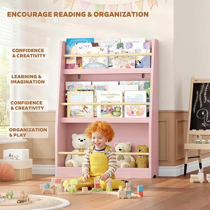 Kids Bookshelf, 3-Tier Montessori Book Shelf Organizer for Books and Toys, Toddler Bookshelf for Bedroom, Living Room, Playroom, Classroom, Nursery - Pink