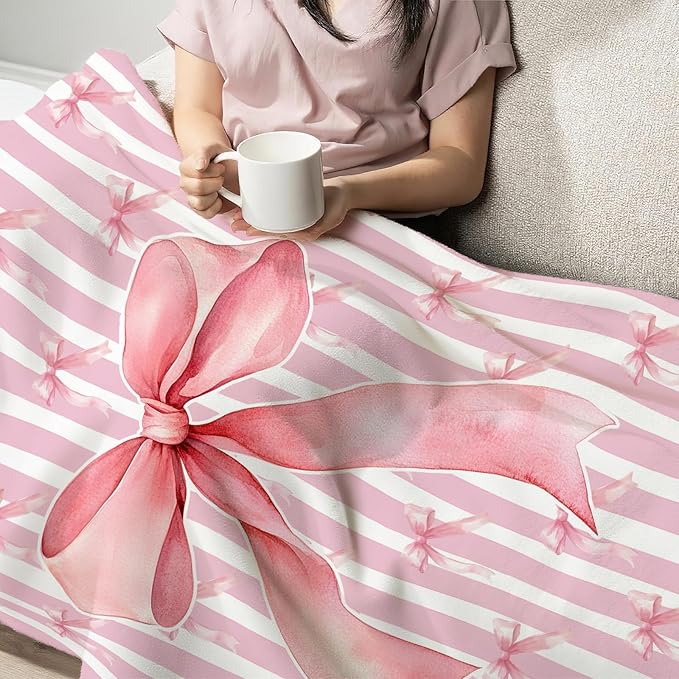 Pink Bow Throw Blanket for Girls, Bows Fleece Blanket Coquette Gifts for Women Girls, Warm Cozy Soft Flannel Preppy Stuff for Bed Sofa Couch 80" x 60"