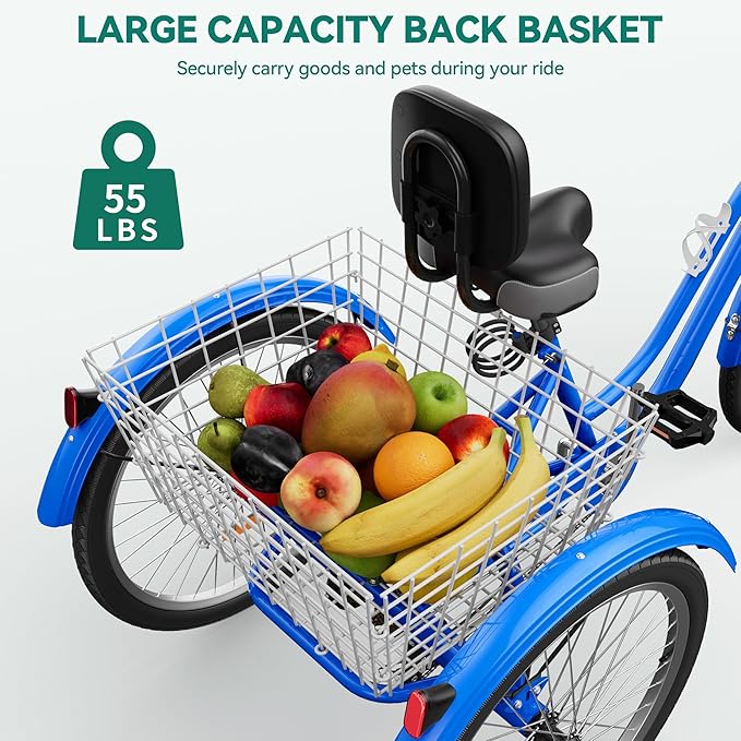 YITAHOME 24 & 26 Inch Adult Tricycle, 1 & 7 Speed 3 Wheel Bikes, Large Seat with Backrest Trike for Adults with Front & Rear Baskets, Cruiser Bike for Seniors Women Men Commute Picnic Outdoor