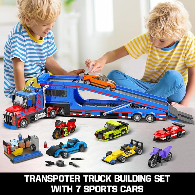 City Transporter Truck Building Set with 7 Sports Cars - Adjustable Loading Ramp Tow Semi Truck with Carrier & Trailer Building Toy Pretend Play Birthday Gifts for Kids Boys Girls Aged 8-14