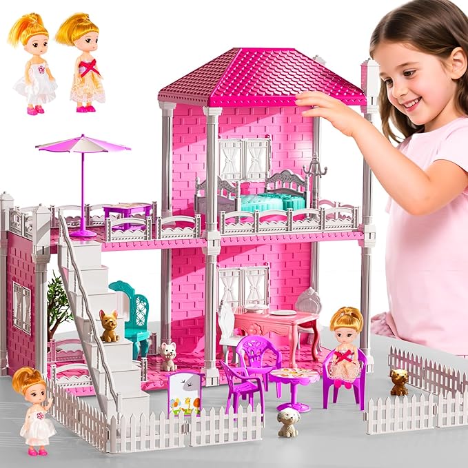 Villa Playset for Girls Ages 3-7, Indoor Playset Girls Toys with 2 Storeys 3 Rooms 2 Dolls for Ages 6-8, Furniture and Accessories, Pretend Toddler Toy, Birthday Gifts for Kids 3 4 5 6 7 8