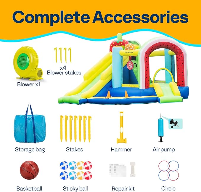 VIVOHOME 7 in 1 Bounce House for Kids, Fruit Theme Inflatable Bouncy Castle with Slide, 12x12 FT Inflated Bouncer for Outdoor with Blower, Basketball, Climb, Jump Area, Ball, Water Pool, Hoop