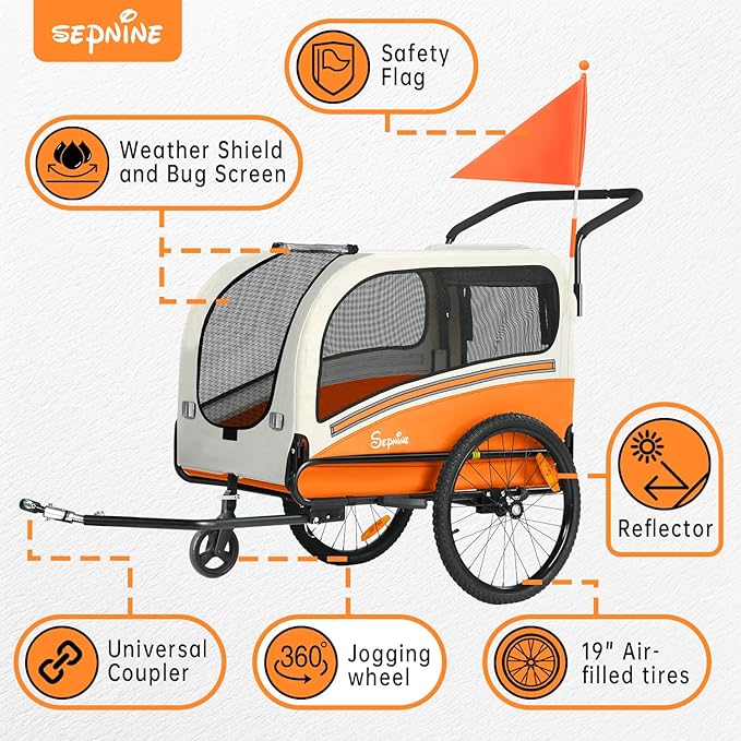Sepnine Dog Bike Trailer, Supports up to 88 lbs, 2-in-1 Pet Stroller Cart Bicycle Carrier, Easy Folding Cart Frame with Quick Release Wheels, Universal Bicycle Coupler, Non-Slip Floor, Internal Leash