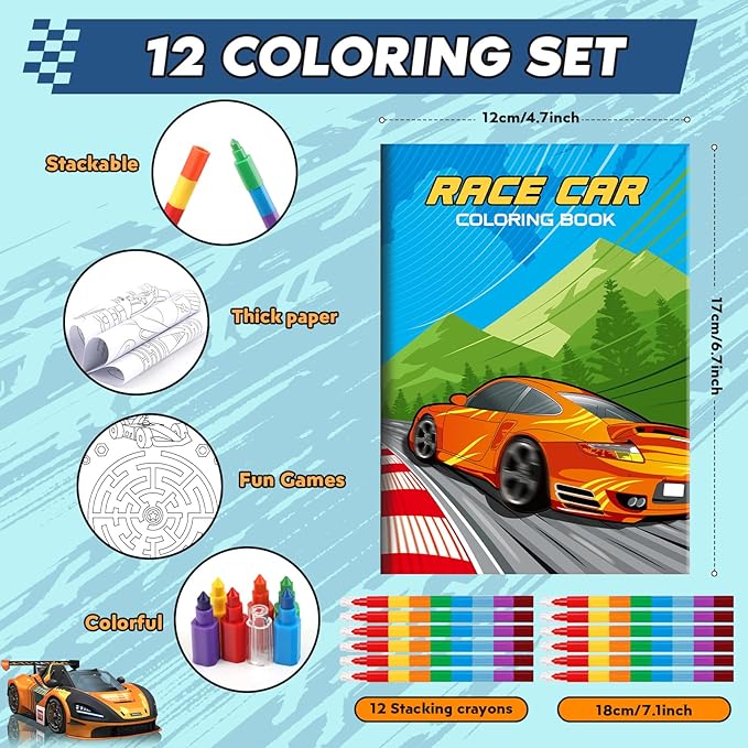 BenLouis 12 Race Car Mini Coloring Books Kids with 12 Stacking Crayons Racing Theme Party Favors Small Activity Books Bulk for Kids Fast Racecar Wheel Birthday Party Gift Goodie Bag Stuffers