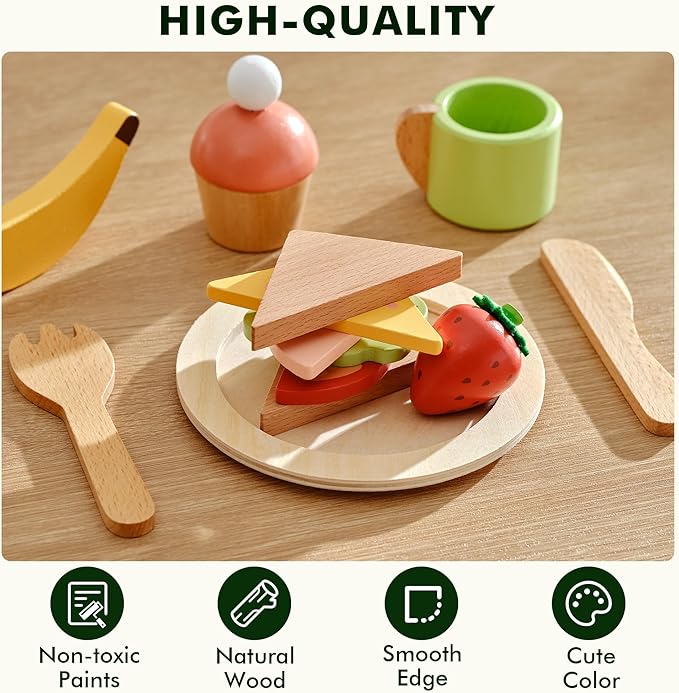 PairPear Wooden Play Food Set for Kids Kitchen, 32 Pcs Pretend Play Toys Picnic Playset with Shopping Bag, Toddler Cutting Food Toys Play Kitchen Accessories Gift for Girls Boys Age 3+