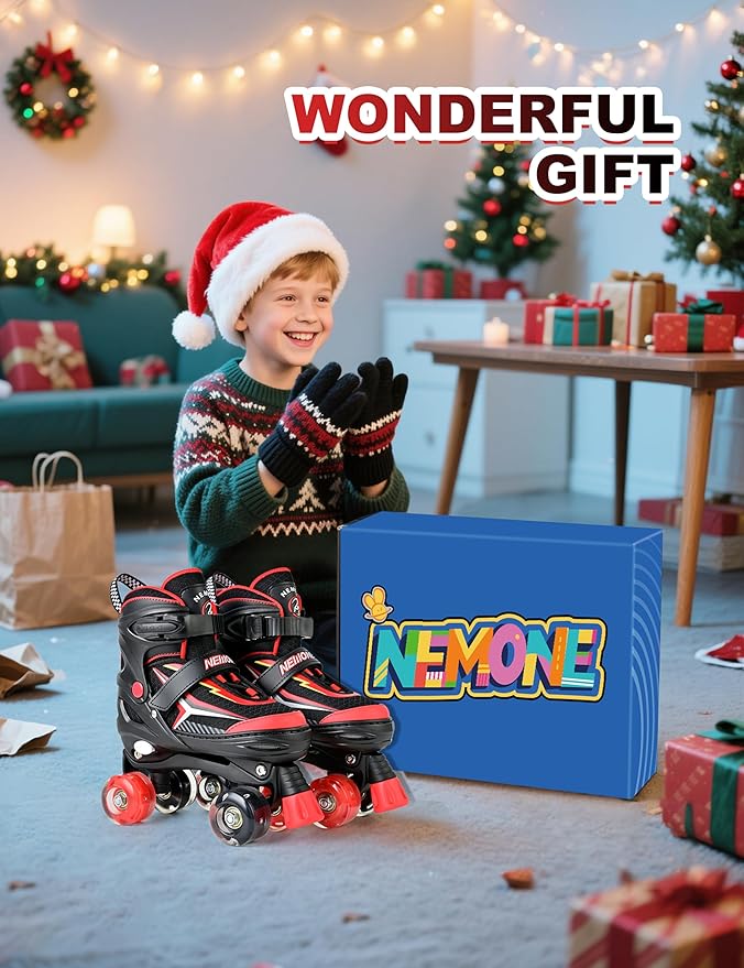 NEMONE Roller Skates for Boys Kids Ages 4-6 5-8 6-12 8-12 with 4 Sizes Adjustable Light up Wheels, Todder Beginner Rollerskates Indoor Outdoor Sports