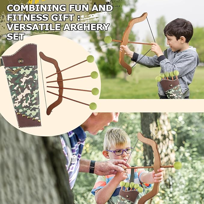 Kids Bow and Arrow Set - Wooden Bow Archery Toy in Camouflage for Ages 3+ with 6 Arrows, 4 Targets, Leather Quiver & Brooch | Indoor/Outdoor Kids Toys for Boys & Girls