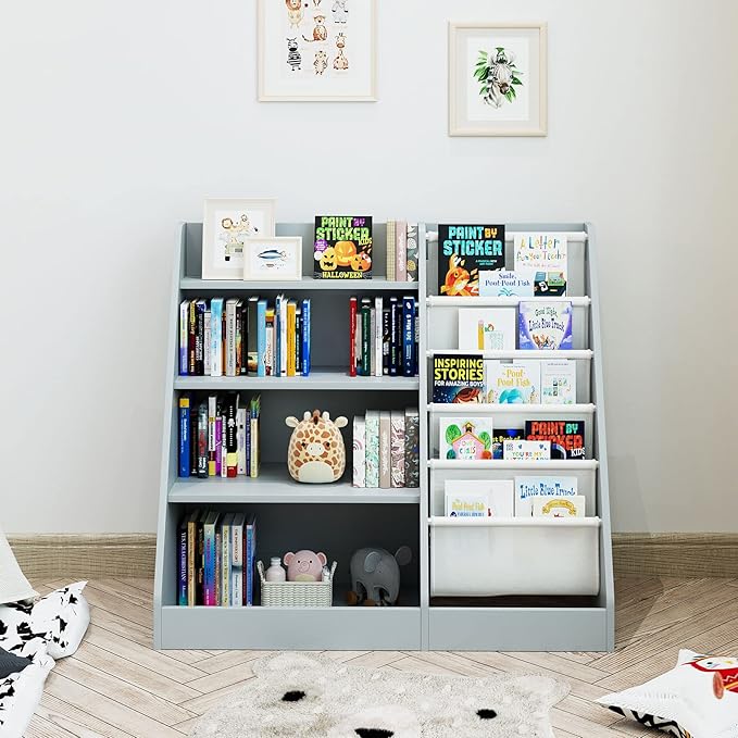 Gray 4 Tier Kids Wooden Bookshelf,Five Layer Sling Toddler Front Facing Bookcase,Baby Kids Storage Book Rack,Book and Toy Organizer Cabinet,Child Book Display Playroom Nursery Bedroom