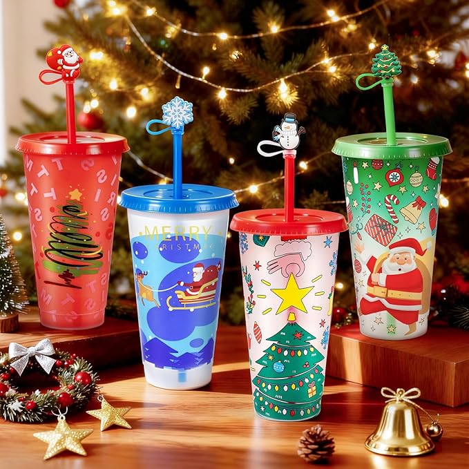 Christmas Color Changing Cups with Lids, Straws & Cute Straw Caps, 24oz PP Reusable Tumblers for Cold Drinks, 4 Pack Holiday Gift for Kids, Teens & Adults