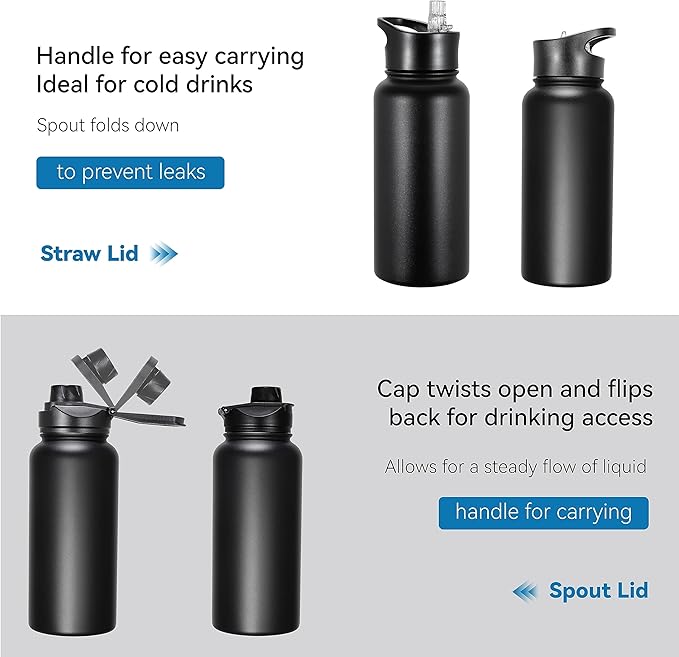 VEGOND 32 oz Insulated Water Bottle Bulk Stainless Steel Metal Water Bottles with Leak Proof Straw Lid & Spout Lid, Wide Mouth Double Walled Vacuum Travel Sports Bottle, 8 Pack