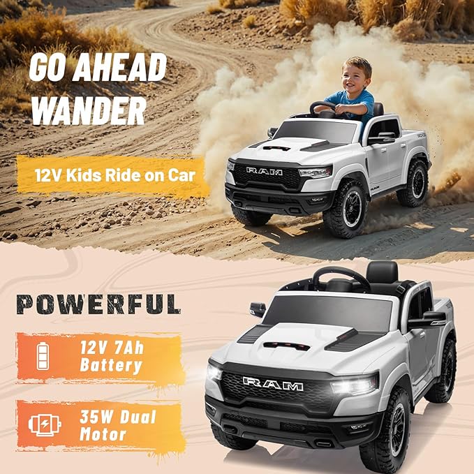 Ram 1500 Ride on Toys for Kids 4-8, Ride on Pickup Truck for Toddlers with Remote Control,12V Battery Powered Car with Trunk, Bluetooth, Music, Safety Belt (White)