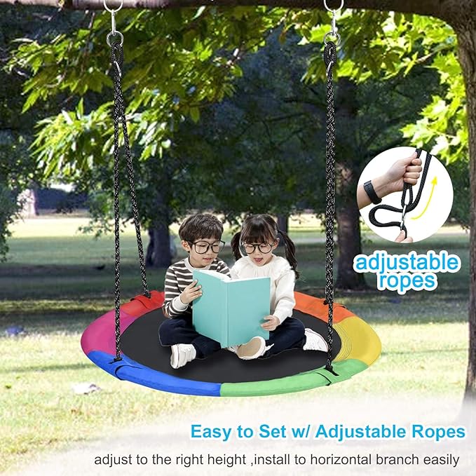 43 inch Saucer Tree Swing for Kids,Durable Textilene Round Swing Heavy Duty, Waterproof and All-Weather Resistant,Swivel,Adjustable Strong Ropes,Easy to Install,Outdoor Playground Backyard