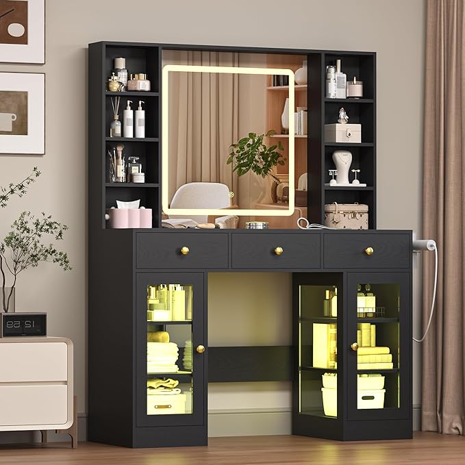 Vanity Desk with Mirror and Lights, White Makeup Vanity with Glass Top & Drawers, 3 Lighting Modes, Power Outlet, RGB Glass Cabinets, Modern Dressing Table for Girls, Women, Teens