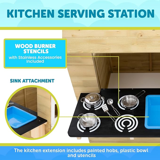 Outdoor Kids Kitchen Playset Wooden Playhouse for Kids - Toddler Pretend Play Kitchen, Accessories, Sturdy, Weatherproof, Door, Windows, Sink, Wood Burner Stencils, Easy Assembly, Ages 3+