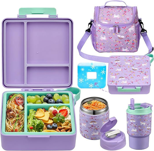 Bento Lunch Box for Kids with 17oz Soup Thermo,Insulated Tumbler Water Bottle and Insulated Lunch Bag,Leak-Proof 3 Compartment Lunch Food Container with Ice Pack for Kids to School-Horse