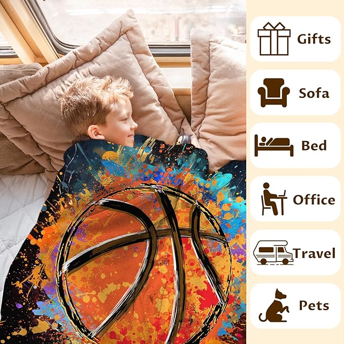 Blanket for Boys Men- Basketball Throw Blanket Gift for Basketball Lover - 60x50 Inches Sports Blankets for Kids Teens Adults - Black Soft Fuzzy Basketball Stuff for Couch Sofa Bed