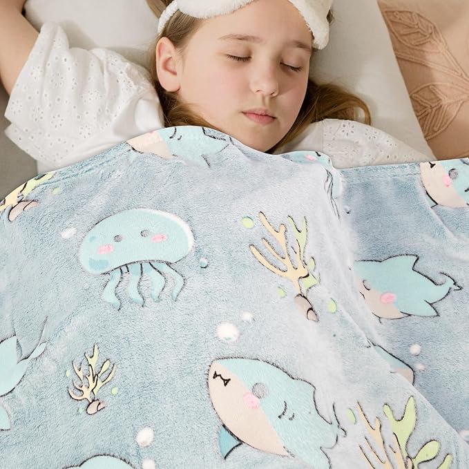 Glow in The Dark Blanket Shark Pattern for Unique Birthday Gifts for Girls Boys Teens, Lightweight Soft Cozy Warm Fuzzy 60"×80" Blue