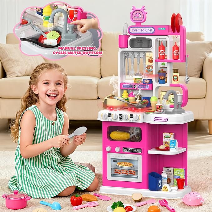 Kids Kitchen Playset, 36.22'' Play Kitchen for Toddlers 1-3 with Steam, Sound & Light, Cooking Stove, Play Sink, Oven and Toy Kitchen Accessories, Kitchen Set for Toddlers Girls 3 4 5 (Pink)