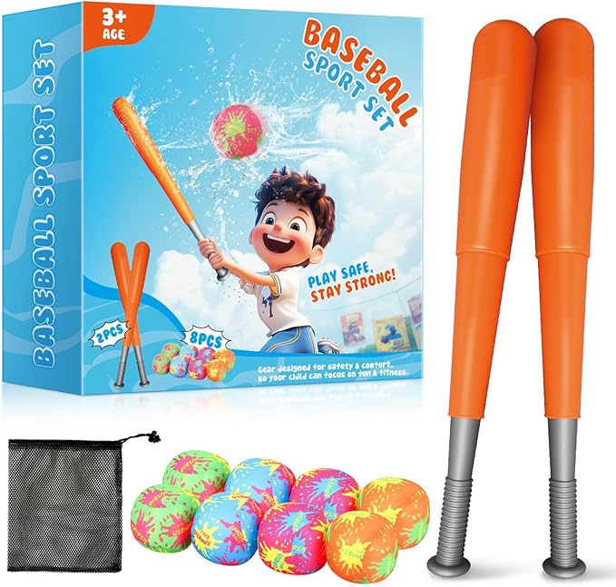Baseball Toys for Kids 3-5: Baseball Set with 2 Bats and 8 Oversized 7CM Water Absorbing Balls Toddler Baseballs for Boys 3-5 Summer Outdoor Play Toy for Boys & Girls Baseballs Kids Gifts