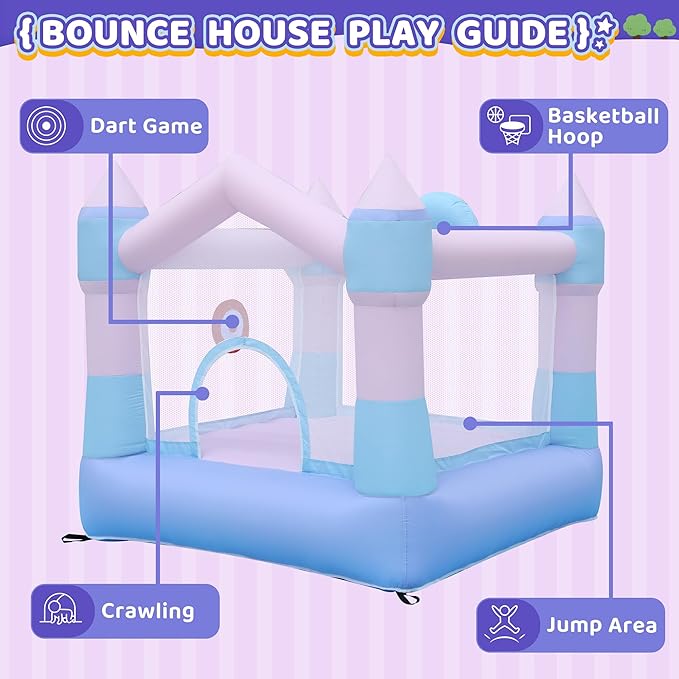 Bounce House Inflatable Bouncer with Blower, Colorful Bouncy Castle with Basketball Hoop and Sticky Ball Game for Kids 3-8