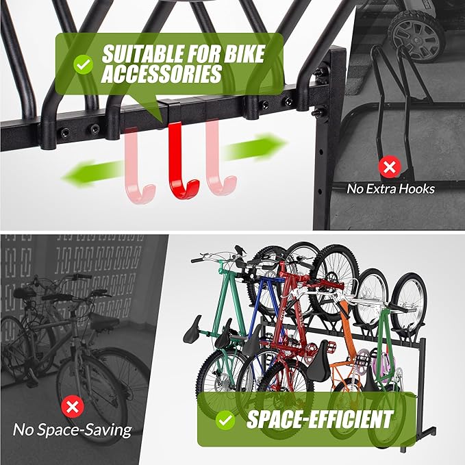 5 Bikes Floor Stand, Adjustable Bicycle Parking Rack with Hook for Garage, Indoor, Outdoor, Free Combination Bike Storage Cycle Rack for Mountain, Road and Kids Bikes, Max Tire Width 2.5”