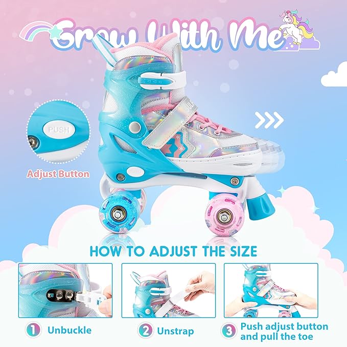 SULIFEEL Rainbow Unicorn 4 Size Adjustable Light up Roller Skates for Girls Boys for Kids