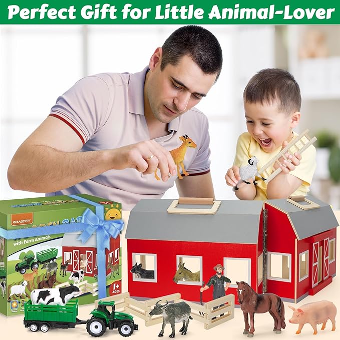 GMAOPHY Farm Animals Toys for 3+ Year Old Toddlers Girls Boys, Big Wooden Barn Farm with Figures Animals Toy for Kids, Farm Playset Educational Learning Toys, Ideal Christmas Birthday Gifts