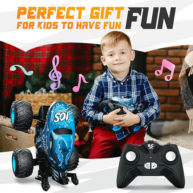 BEZGAR Monster Truck Toys - Remote Control Monster Truck with Light & Music, Dinosaur Toys for Kids, 1:20 Scale RC Truck with 360° Spins and Drifting, Remote Control Car for Boys (Blue)