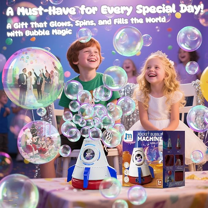 Rocket Bubble Machine for Kids with Lights, 360° Rotating Bubble Blower Toy with 10 Refill Solutions, Bubble Maker for Toddlers, Fun Outdoor Party Gift for Boys & Girls Blue