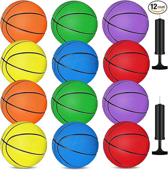 Wettarn 12 Pcs Mini Basketballs for Kids - Size 3 Colorful Rubber Basketball Bulk with Pump for Mini Hoop, Indoor Outdoor Practice, Game, Back to School Party, 7 Inch