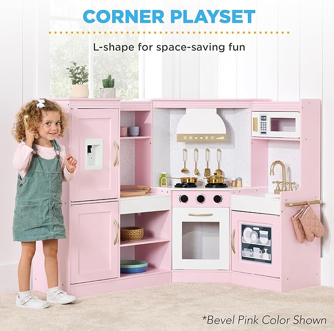 Best Choice Products Pretend Play Corner Kitchen, Ultimate Interactive Wooden Kids Playset w/Lights & Sounds, Ice Maker, Hood - Farmhouse White