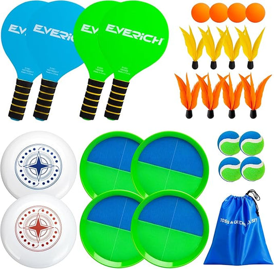 EVERICH Upgraded Toss Catch Paddle Ball Game Set, Outdoor Games Racket Yard Games, Beach Pool Sand Lawn Camping Toys with 8 Paddles 8 Balls 8 Birdies 2 Flying Disc, Birthday Easter Gifts for Adults