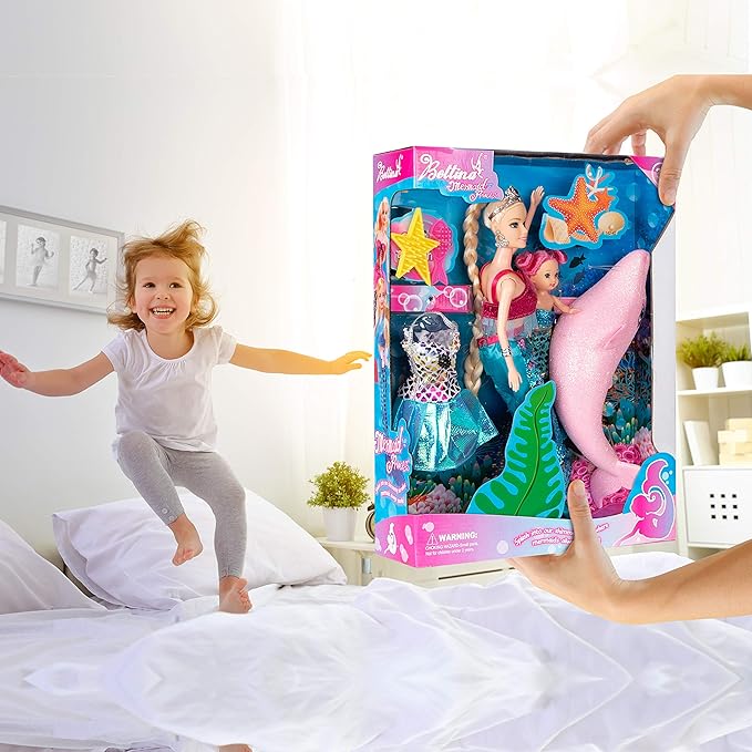Princess Doll with Little Mermaid & Pink Dolphin Playset, Blonde Hair Dolls Toys with Accessories, Gift for 3 to 7 Year Old Girls