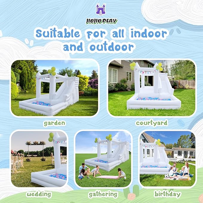 12 FT Oxford White Inflatable Bounce House, Bounce House With Ball Pit, Bounce House With Slide, Indoor And Outdoor Large Inflatable Castles Bounce House for Kids 3-12 Holiday Decoration Wedding Party