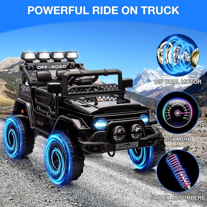 Ride On Truck Car 12V, Electric Vehicle w/Remote Control, 3 Speeds, LED Lights, Music, Spring Suspension, Ride on Car for Kids