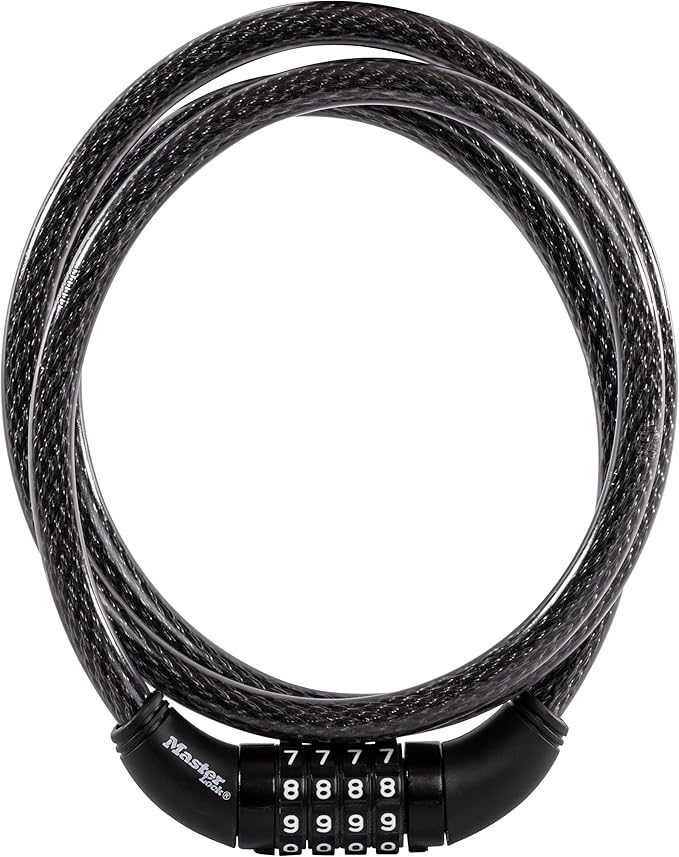 Master Lock Black Set Your Own Combination Bike Lock, Metal Cable Lock has a Weather Resistant Vinyl Coating for Outdoor Durability, 5 Feet Long, 8370D