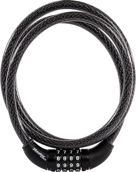 Master Lock Black Set Your Own Combination Bike Lock, Metal Cable Lock has a Weather Resistant Vinyl Coating for Outdoor Durability, 5 Feet Long, 8370D