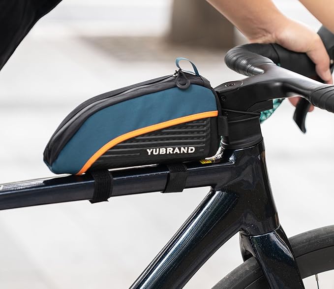 Removable Bike Frame Bag, Top Tube Bike Bag, Compatible With IPhone 16/15/14Pro and Phones Up To 6.9'', Waterproof, 1L, Blue, Geometric Pattern, 8.66 x 4.3 x 3.9 inches