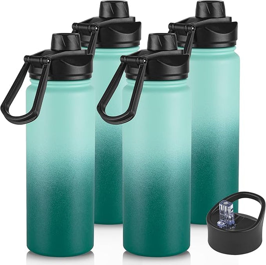 24oz Insulated Water Bottle with Straw Lid, Stainless Steel Metal Water Bottle with Straw & Wide Mouth Lid, Double Wall Vacuum Water Bottle for Hiking Camping, Gradient Green 4 Pack