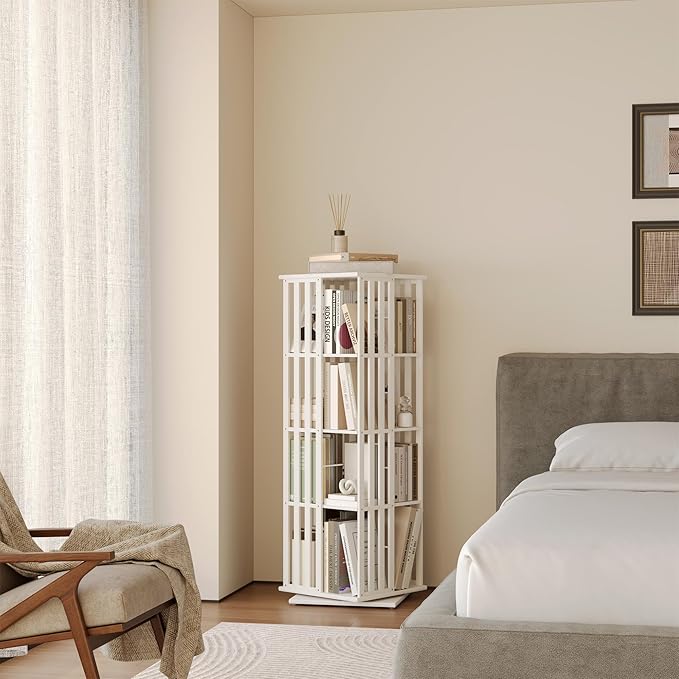 YOWOS Rotating Bookshelf Tower, 360 Display Spinning Bookcase, Bamboo Bookshelf Floor Standing Storage Rack, Wood Narrow Book Shelf Organizer for Kids&Adults (White, 4 Tier)